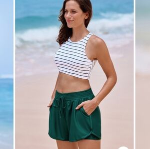 SeaFancy striped Round Neck Sporty Bikini Top with Boy Short Set.